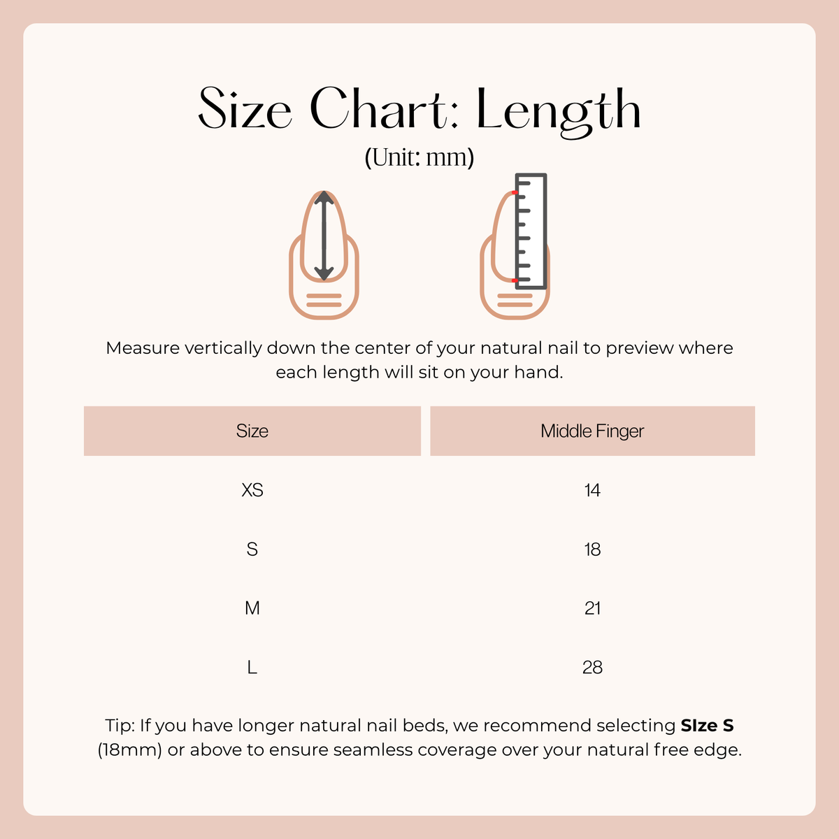Size chart: nail length in mm (Extra Short 14, Short 18, Medium 21, Long 28)