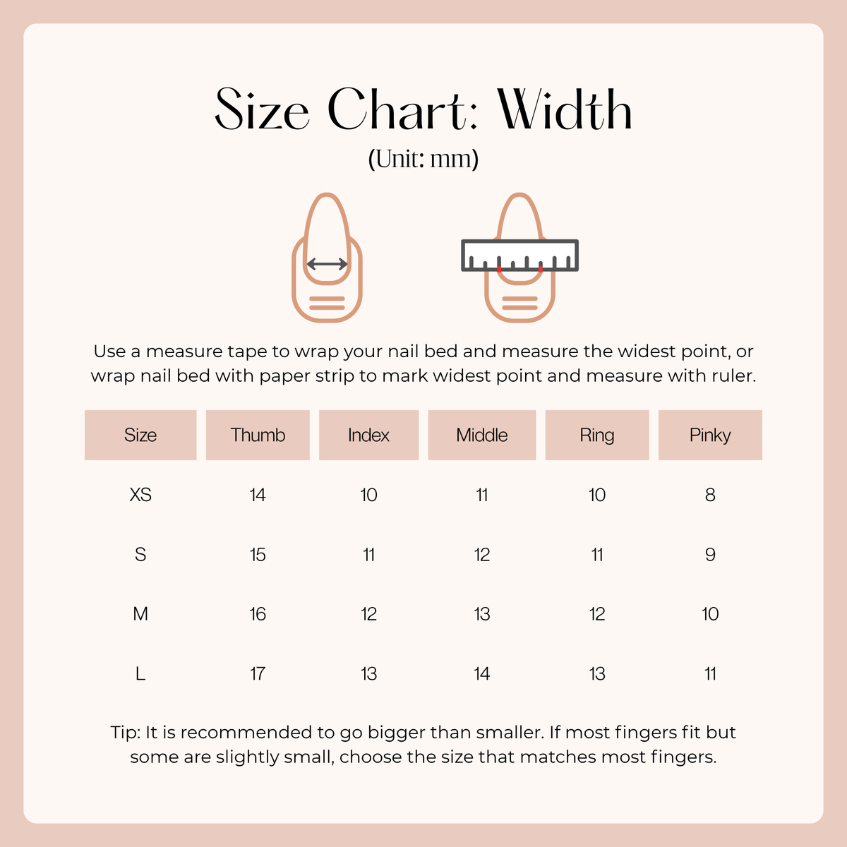 Size chart: nail width in mm per finger for sizes XS to L